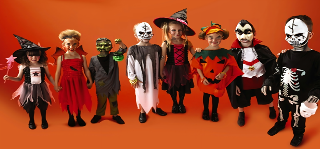 A group of children dressed up in costumes.